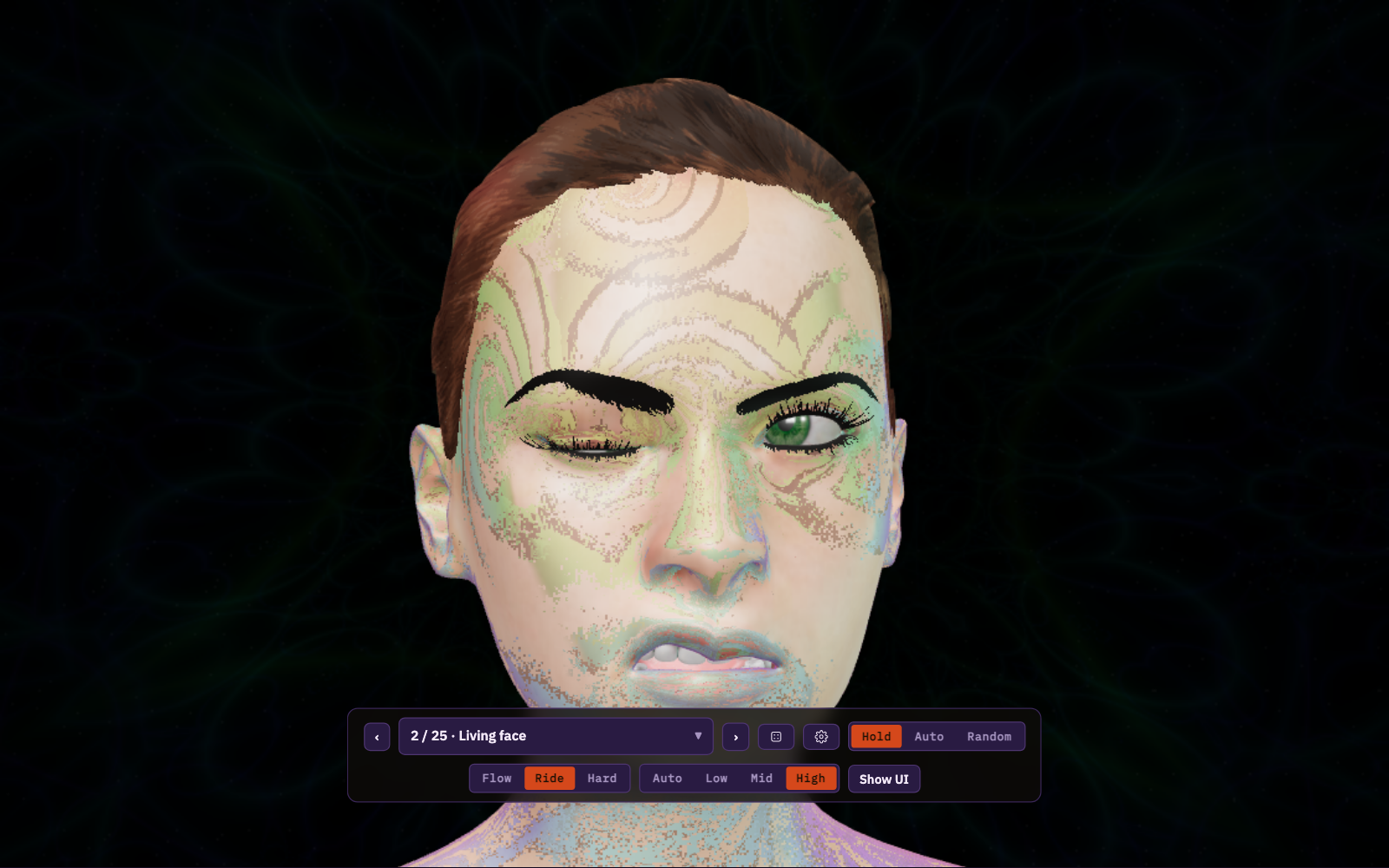 Living face: a three-dimensional head covered in psychedelic patterns, captured from the Apophene visualizer
