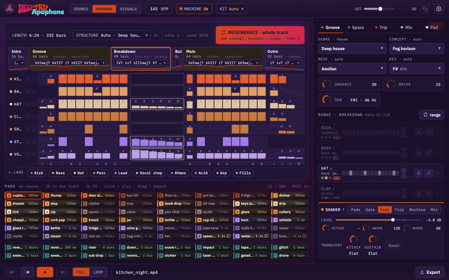 Deep Trip Apophene interface with an arrangement timeline, color-coded sound pads and sound-shaping controls