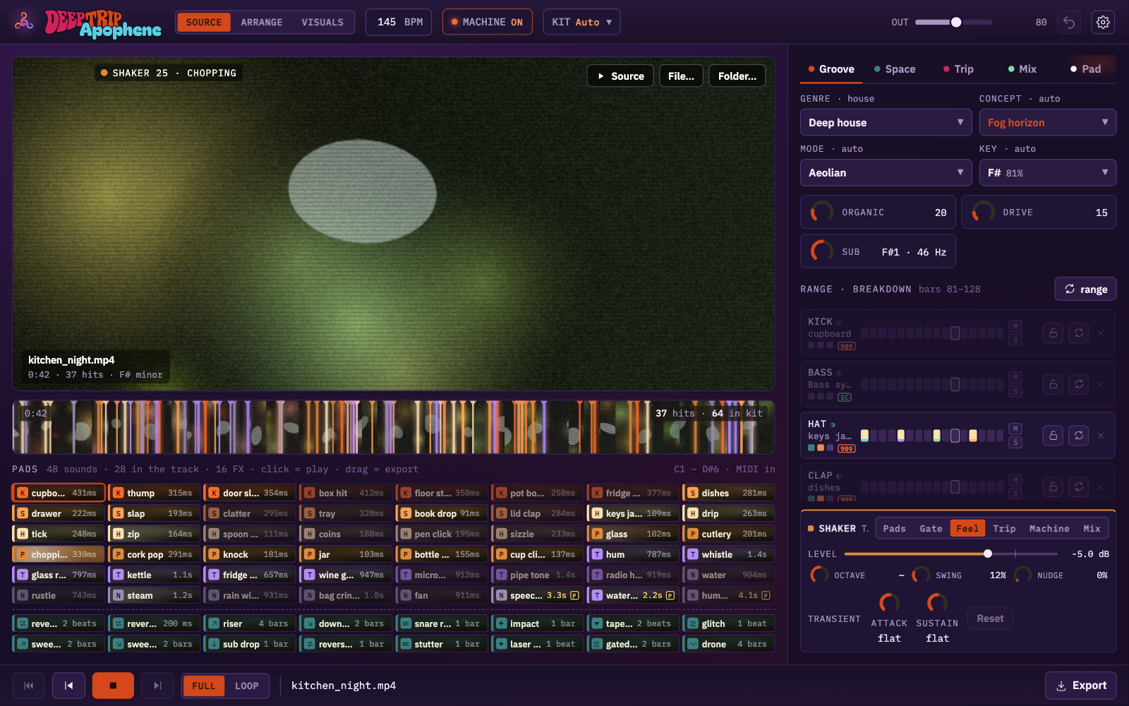 Apophene Source view with the original video, detected hits and a color-coded playable pad bank