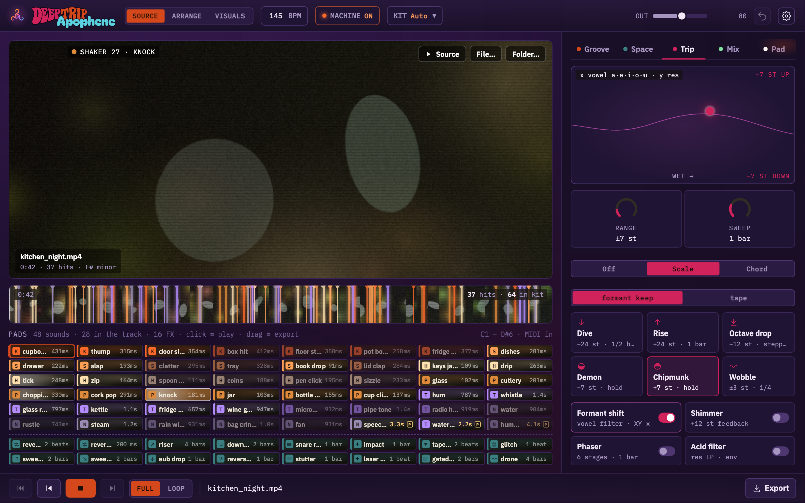 Apophene Trip effects page with the XY pitch pad, pitch moves, scale snap and creative effects