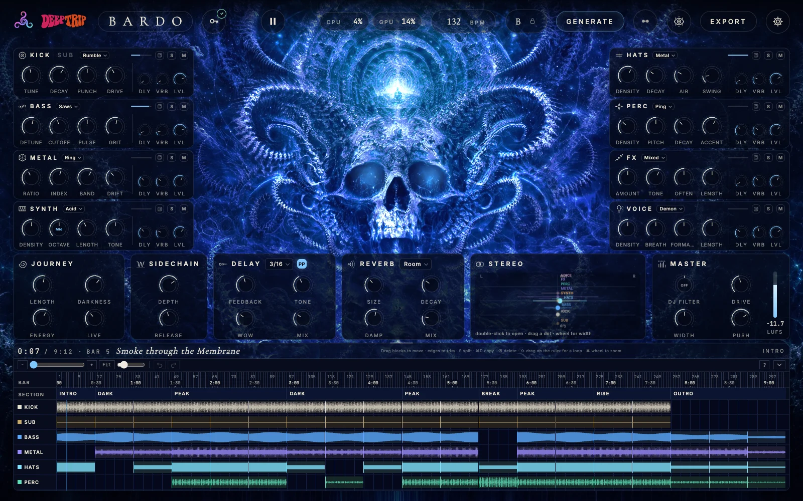 Deep Trip Bardo interface: panels for the layers — kick and sub, bass, metal, synth, hats, percussion, effects and voice — with their knobs, the mix section below them and the arrangement of a nine-minute techno track at the bottom