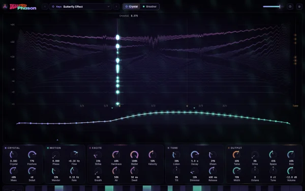 Deep Trip Phason interface: a glowing map of crystal overtones in the centre, the vibrating chain below it, knob panels and a keyboard