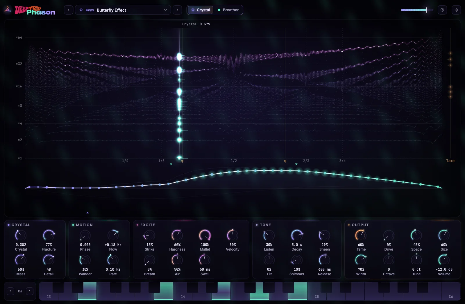 Deep Trip Phason interface: a glowing map of crystal overtones in the centre with the sounding note marked, the vibrating chain below it, knob panels for crystal, motion, excite, tone and output, and a keyboard