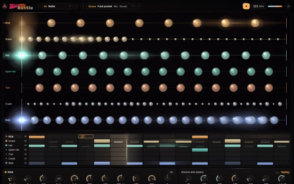 Deep Trip Rattle interface: seven glowing bead chains, a sixteen-step groove grid and drum knobs