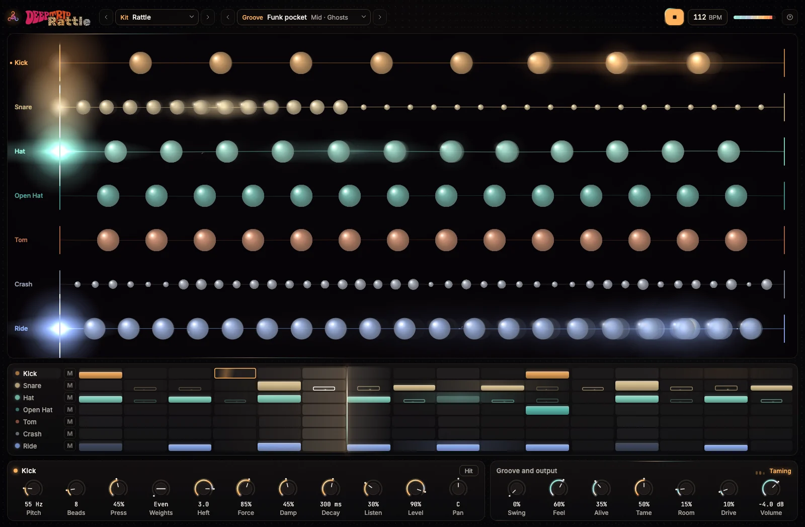 Deep Trip Rattle interface: seven glowing bead chains for kick, snare, hat, open hat, tom, crash and ride, a sixteen-step groove grid below them and knobs for the selected drum and the whole kit