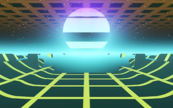 Synthwave grid visualizer in Deep Trip Apophene — terrain, sun, retro