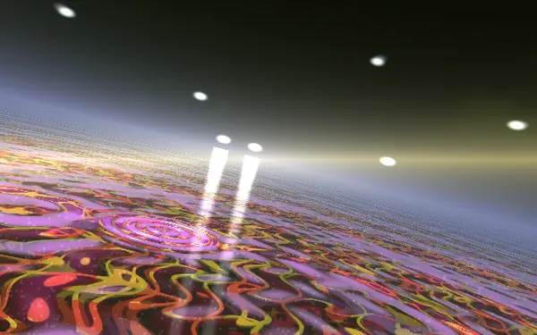 Liquid horizon visualizer in Deep Trip Apophene — water plane, reflections